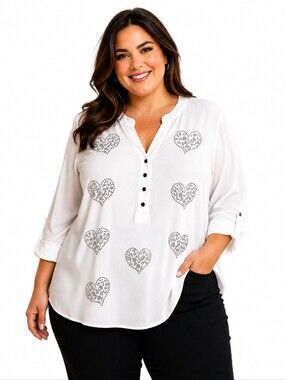 Ava & Grace White Long-Sleeve Heart Silver Stud Tunic Sz 1X